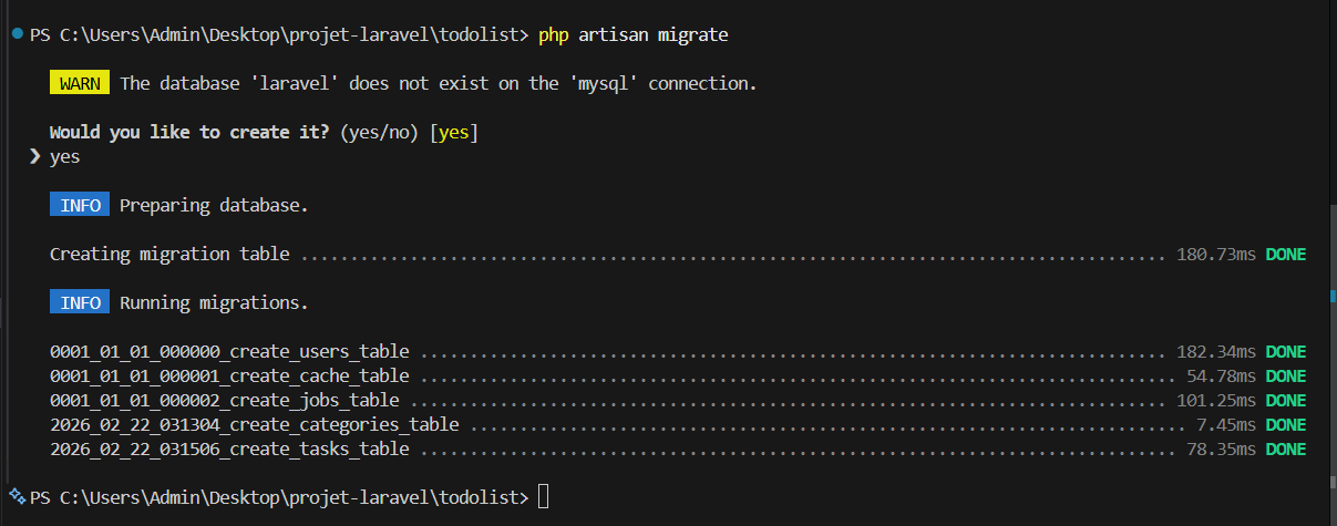 php artisan migrate - Laravel crée la base automatiquement si elle n'existe pas