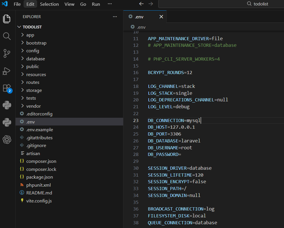 VS Code avec projet Laravel ouvert