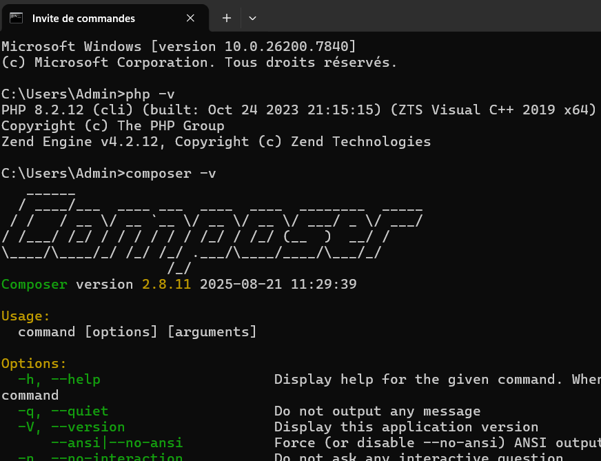 Exemple php -v et composer -v