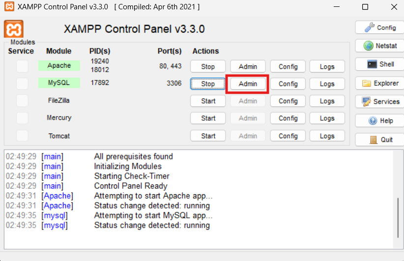 XAMPP Apache et MySQL démarrés